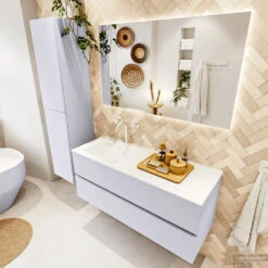 MONDIAZ VICA 120cm Badmeubel Onderkast Cale 2 Lades. Wastafel CLOUD Links 1 Kraangat, Kleur Talc Met Spiegel LED. -Duravit Verkoop badkamermeubel vica cale cloud talc set2 0023