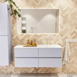 MONDIAZ VICA 120cm Badmeubel Onderkast Cale 4 Lades. Wastafel Moon Rechts Zonder Kraangat, Kleur Talc Met Spiegel LED. -Duravit Verkoop badkamermeubel vica cale moon talc set1 0058