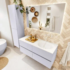 MONDIAZ VICA 120cm Badmeubel Onderkast Cale 4 Lades. Wastafel Moon Rechts Zonder Kraangat, Kleur Talc Met Spiegel LED. -Duravit Verkoop badkamermeubel vica cale moon talc set2 0058