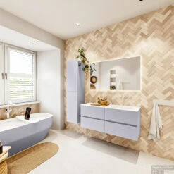 MONDIAZ VICA 120cm Badmeubel Onderkast Cale 4 Lades. Wastafel Moon Rechts Zonder Kraangat, Kleur Talc Met Spiegel LED. -Duravit Verkoop badkamermeubel vica cale moon talc set4 0058