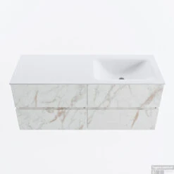 MONDIAZ VICA 120cm Badmeubel Onderkast Carrara 4 Lades. Wastafel CLOUD Rechts 1 Kraangat, Kleur Talc.