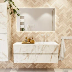 MONDIAZ VICA 120cm Badmeubel Onderkast Carrara 4 Lades. Wastafel CLOUD Rechts 1 Kraangat, Kleur Talc. -Duravit Verkoop badkamermeubel vica carrara cloud talc set1 0055