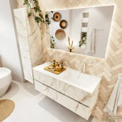 MONDIAZ VICA 120cm Badmeubel Onderkast Carrara 4 Lades. Wastafel CLOUD Rechts 1 Kraangat, Kleur Talc. -Duravit Verkoop badkamermeubel vica carrara cloud talc set2 0055