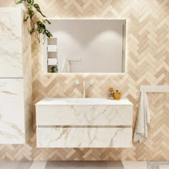 MONDIAZ VICA 110cm Badmeubel Onderkast Carrara 2 Lades. Wastafel MOON Midden 1 Kraangat, Kleur Talc. -Duravit Verkoop badkamermeubel vica carrara moon talc set1 0016