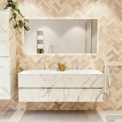 MONDIAZ VICA 150cm Badmeubel Onderkast Carrara 2 Lades. Wastafel Moon Dubbel 2 Kraangaten, Kleur Talc Met Spiegel LED. -Duravit Verkoop badkamermeubel vica carrara moon talc set1 0049