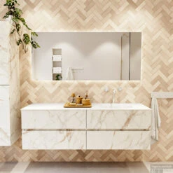 MONDIAZ VICA 160cm Badmeubel Onderkast Carrara 4 Lades. Wastafel MOON Rechts 1 Kraangat, Kleur Talc. -Duravit Verkoop badkamermeubel vica carrara moon talc set1 0079