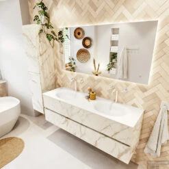 MONDIAZ VICA 150cm Badmeubel Onderkast Carrara 2 Lades. Wastafel Moon Dubbel 2 Kraangaten, Kleur Talc Met Spiegel LED. -Duravit Verkoop badkamermeubel vica carrara moon talc set2 0049