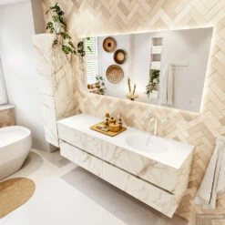 MONDIAZ VICA 160cm Badmeubel Onderkast Carrara 4 Lades. Wastafel MOON Rechts 1 Kraangat, Kleur Talc. -Duravit Verkoop badkamermeubel vica carrara moon talc set2 0079