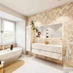 MONDIAZ VICA 150cm Badmeubel Onderkast Carrara 2 Lades. Wastafel Moon Dubbel 2 Kraangaten, Kleur Talc Met Spiegel LED. -Duravit Verkoop badkamermeubel vica carrara moon talc set4 0049