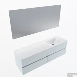 MONDIAZ VICA 160cm Badmeubel Onderkast Clay 4 Lades. Wastafel CLOUD Rechts Zonder Kraangat, Kleur Talc Met Spiegel LED.