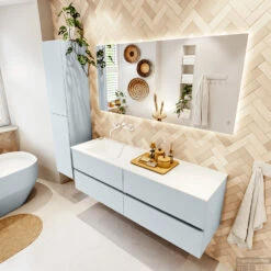 MONDIAZ VICA 150cm Badmeubel Onderkast Clay 4 Lades. Wastafel CLOUD Links Zonder Kraangat, Kleur Talc Met Spiegel LED. -Duravit Verkoop badkamermeubel vica clay cloud talc set2 0075