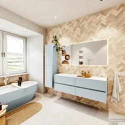 MONDIAZ VICA 150cm Badmeubel Onderkast Clay 4 Lades. Wastafel CLOUD Links Zonder Kraangat, Kleur Talc Met Spiegel LED. -Duravit Verkoop badkamermeubel vica clay cloud talc set4 0075