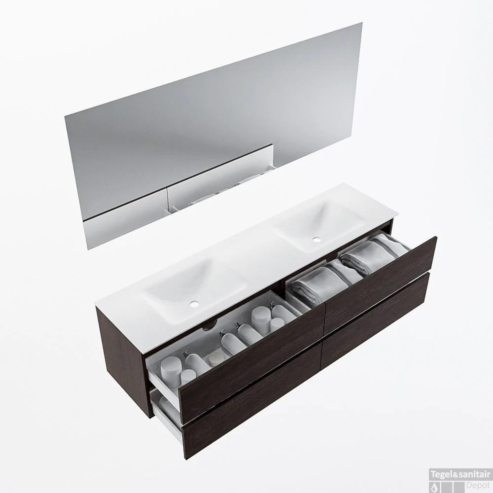 MONDIAZ VICA 180cm Badmeubel Onderkast Dark Brown 4 Lades. Wastafel CLOUD Dubbel 2 Kraangaten, Kleur Talc Met Spiegel LED. 2 MONDIAZ VICA 180cm Badmeubel Onderkast Dark Brown 4 Lades. Wastafel CLOUD Dubbel 2 Kraangaten, Kleur Talc Met Spiegel LED. - Afbeelding 2