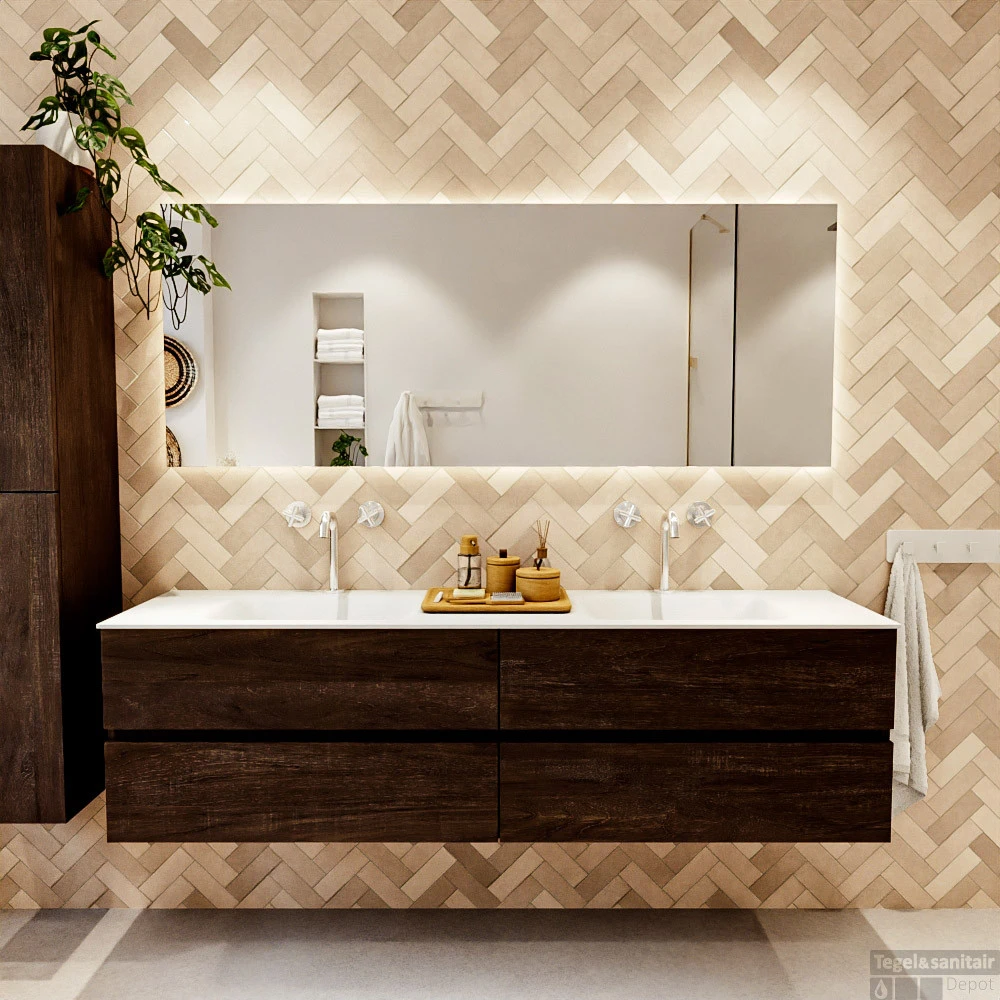 MONDIAZ VICA 180cm Badmeubel Onderkast Dark Brown 4 Lades. Wastafel CLOUD Dubbel 2 Kraangaten, Kleur Talc Met Spiegel LED. 5 MONDIAZ VICA 180cm Badmeubel Onderkast Dark Brown 4 Lades. Wastafel CLOUD Dubbel 2 Kraangaten, Kleur Talc Met Spiegel LED. - Afbeelding 5