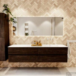 MONDIAZ VICA 190cm Badmeubel Onderkast Dark Brown 4 Lades. Wastafel CLOUD Rechts Zonder Kraangat, Kleur Talc Met Spiegel LED. -Duravit Verkoop badkamermeubel vica dark brown cloud talc set1 0100