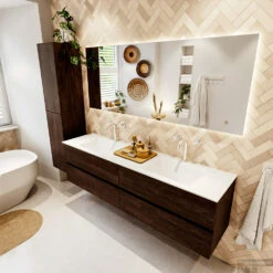 MONDIAZ VICA 180cm Badmeubel Onderkast Dark Brown 4 Lades. Wastafel CLOUD Dubbel 2 Kraangaten, Kleur Talc Met Spiegel LED. 10 MONDIAZ VICA 180cm Badmeubel Onderkast Dark Brown 4 Lades. Wastafel CLOUD Dubbel 2 Kraangaten, Kleur Talc Met Spiegel LED. -Duravit Verkoop badkamermeubel vica dark brown cloud talc set2 0092