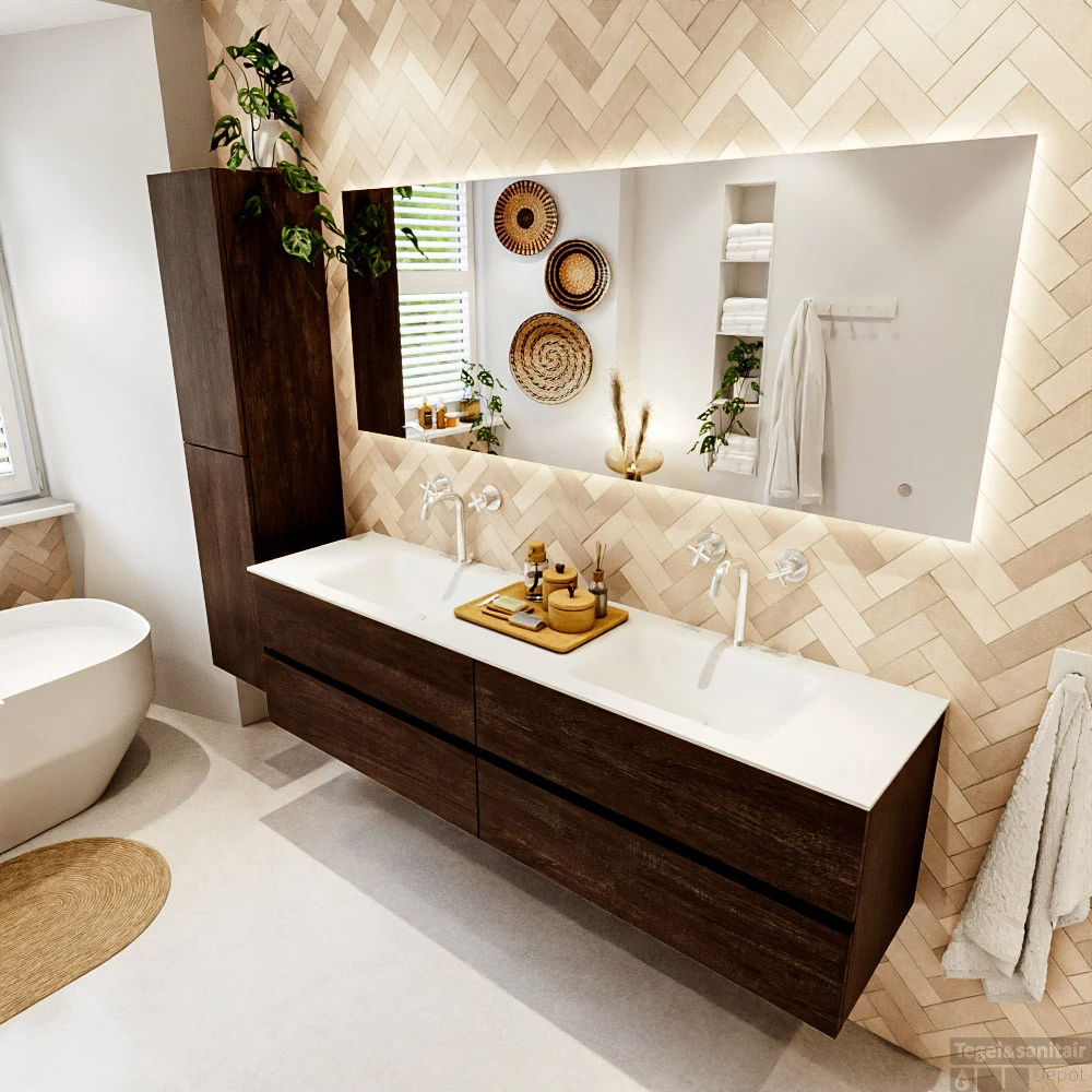 MONDIAZ VICA 180cm Badmeubel Onderkast Dark Brown 4 Lades. Wastafel CLOUD Dubbel 2 Kraangaten, Kleur Talc Met Spiegel LED. 3 MONDIAZ VICA 180cm Badmeubel Onderkast Dark Brown 4 Lades. Wastafel CLOUD Dubbel 2 Kraangaten, Kleur Talc Met Spiegel LED. - Afbeelding 3