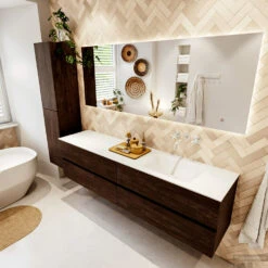 MONDIAZ VICA 190cm Badmeubel Onderkast Dark Brown 4 Lades. Wastafel CLOUD Rechts Zonder Kraangat, Kleur Talc Met Spiegel LED. -Duravit Verkoop badkamermeubel vica dark brown cloud talc set2 0100