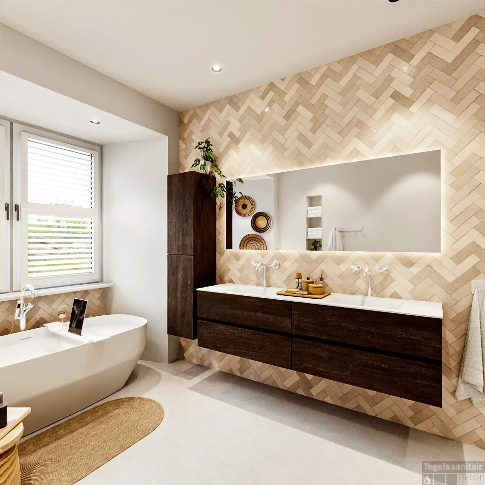 MONDIAZ VICA 180cm Badmeubel Onderkast Dark Brown 4 Lades. Wastafel CLOUD Dubbel 2 Kraangaten, Kleur Talc Met Spiegel LED. 7 MONDIAZ VICA 180cm Badmeubel Onderkast Dark Brown 4 Lades. Wastafel CLOUD Dubbel 2 Kraangaten, Kleur Talc Met Spiegel LED. - Afbeelding 7