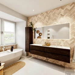 MONDIAZ VICA 190cm Badmeubel Onderkast Dark Brown 4 Lades. Wastafel CLOUD Rechts Zonder Kraangat, Kleur Talc Met Spiegel LED. -Duravit Verkoop badkamermeubel vica dark brown cloud talc set4 0100