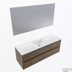 MONDIAZ VICA 140cm Badmeubel Onderkast Dark Brown Grey 2 Lades. Wastafel CLOUD Midden 1 Kraangat, Kleur Talc Met Spiegel LED.