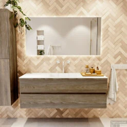 MONDIAZ VICA 140cm Badmeubel Onderkast Dark Brown Grey 2 Lades. Wastafel CLOUD Midden 1 Kraangat, Kleur Talc Met Spiegel LED. -Duravit Verkoop badkamermeubel vica dark brown grey cloud talc set1 0038