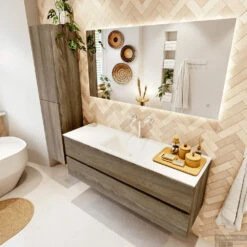 MONDIAZ VICA 140cm Badmeubel Onderkast Dark Brown Grey 2 Lades. Wastafel CLOUD Midden 1 Kraangat, Kleur Talc Met Spiegel LED. -Duravit Verkoop badkamermeubel vica dark brown grey cloud talc set2 0038