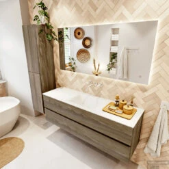 MONDIAZ VICA 150cm Badmeubel Onderkast Dark Brown Grey 2 Lades. Wastafel CLOUD Midden Zonder Kraangat, Kleur Talc. -Duravit Verkoop badkamermeubel vica dark brown grey cloud talc set2 0050