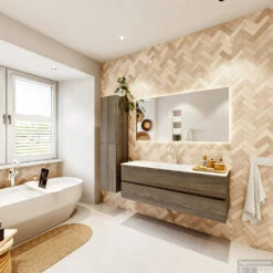 MONDIAZ VICA 140cm Badmeubel Onderkast Dark Brown Grey 2 Lades. Wastafel CLOUD Midden 1 Kraangat, Kleur Talc Met Spiegel LED. -Duravit Verkoop badkamermeubel vica dark brown grey cloud talc set4 0038