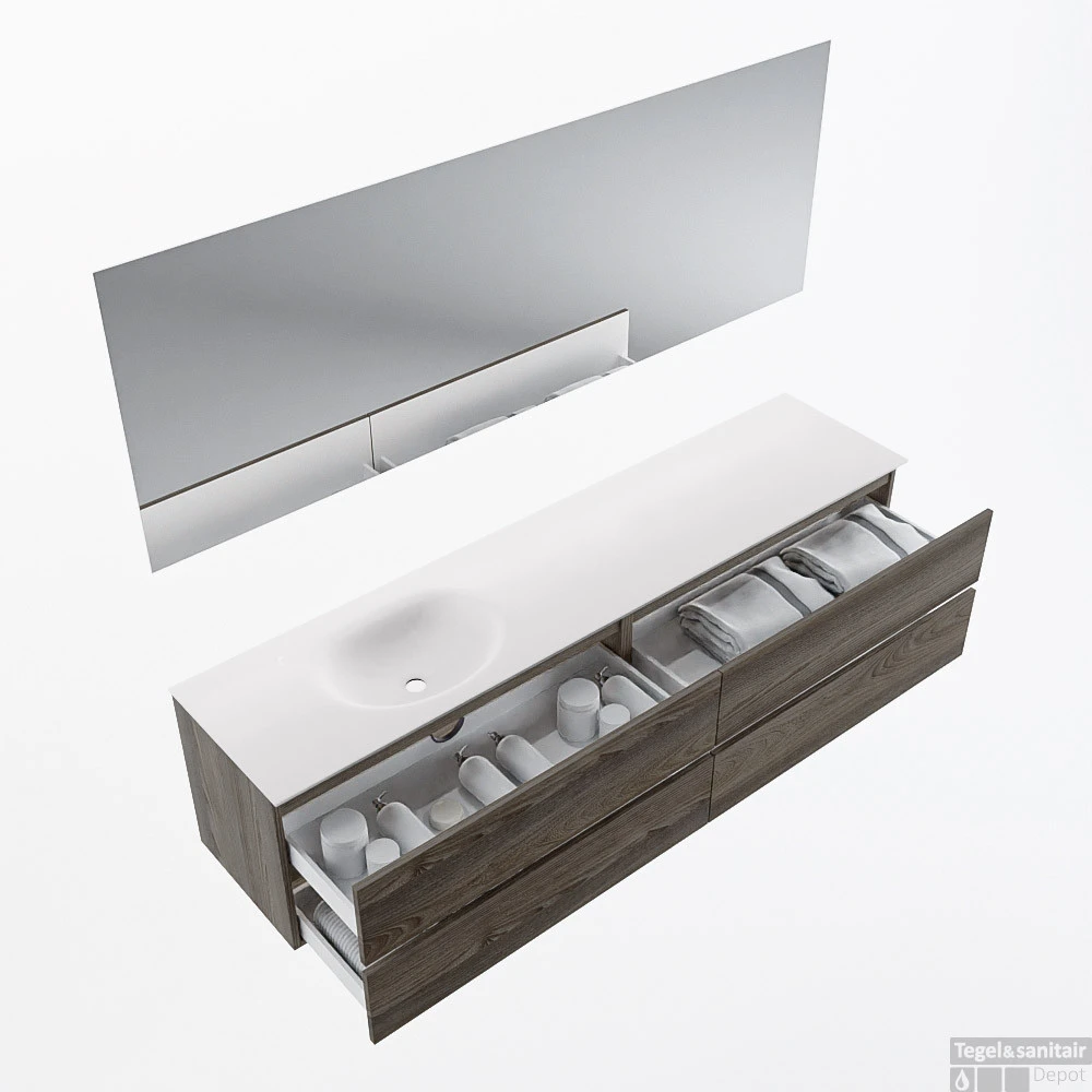 MONDIAZ VICA 200cm Badmeubel Onderkast Dark Brown Grey 4 Lades. Wastafel Moon Links Zonder Kraangat, Kleur Talc Met Spiegel LED. 2 MONDIAZ VICA 200cm Badmeubel Onderkast Dark Brown Grey 4 Lades. Wastafel Moon Links Zonder Kraangat, Kleur Talc Met Spiegel LED. - Afbeelding 2