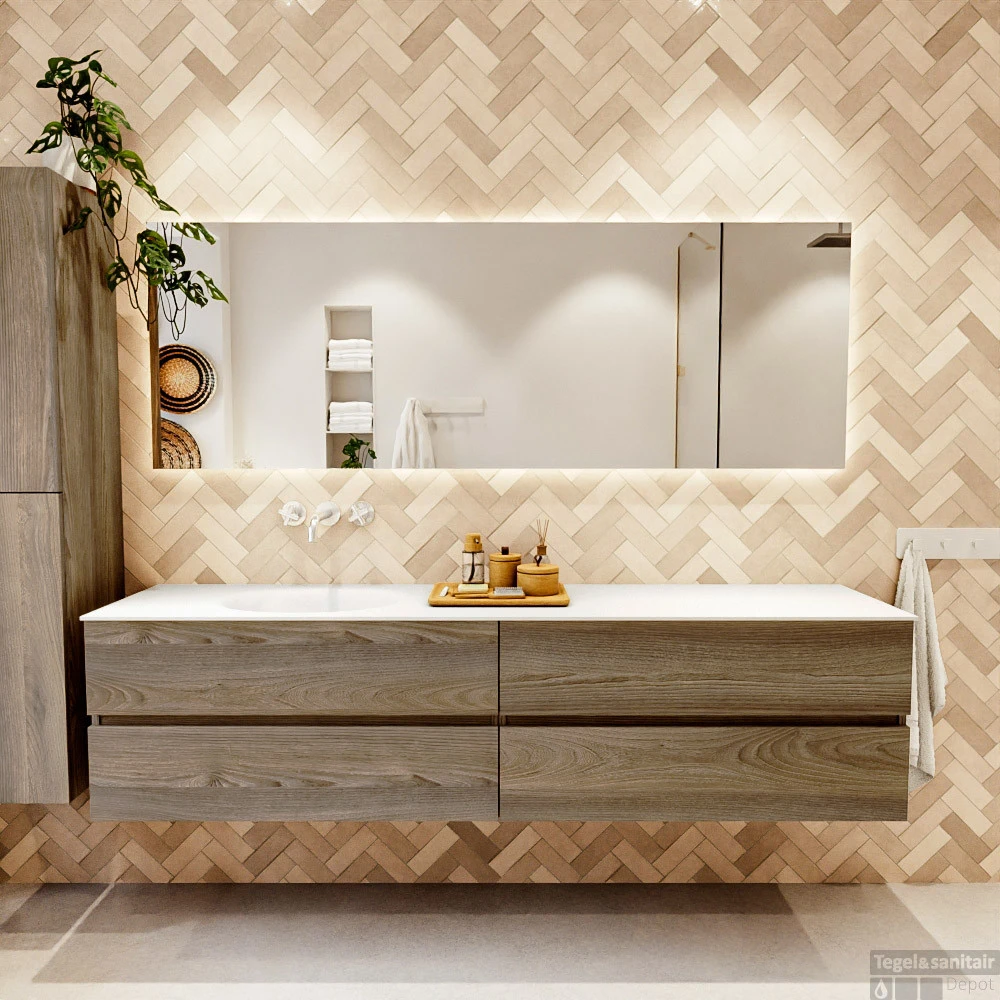 MONDIAZ VICA 200cm Badmeubel Onderkast Dark Brown Grey 4 Lades. Wastafel Moon Links Zonder Kraangat, Kleur Talc Met Spiegel LED. 5 MONDIAZ VICA 200cm Badmeubel Onderkast Dark Brown Grey 4 Lades. Wastafel Moon Links Zonder Kraangat, Kleur Talc Met Spiegel LED. - Afbeelding 5