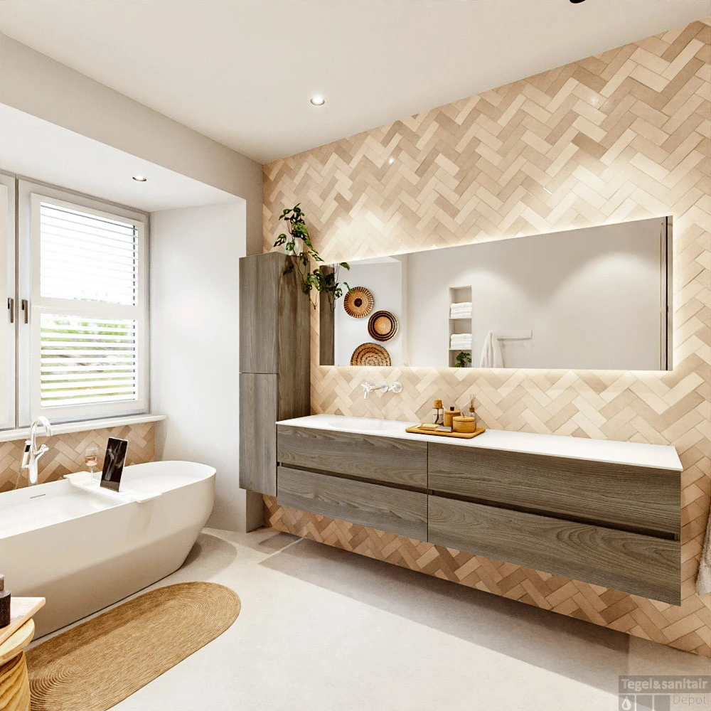 MONDIAZ VICA 200cm Badmeubel Onderkast Dark Brown Grey 4 Lades. Wastafel Moon Links Zonder Kraangat, Kleur Talc Met Spiegel LED. 7 MONDIAZ VICA 200cm Badmeubel Onderkast Dark Brown Grey 4 Lades. Wastafel Moon Links Zonder Kraangat, Kleur Talc Met Spiegel LED. - Afbeelding 7