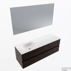 MONDIAZ VICA 140cm Badmeubel Onderkast Dark Brown 4 Lades. Wastafel Moon Links Zonder Kraangat, Kleur Talc Met Spiegel LED.