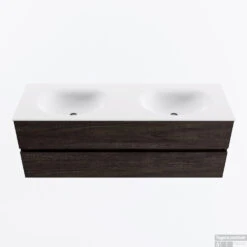 MONDIAZ VICA 140cm Badmeubel Onderkast Dark Brown 2 Lades. Wastafel MOON Dubbel Zonder Kraangat, Kleur Talc.