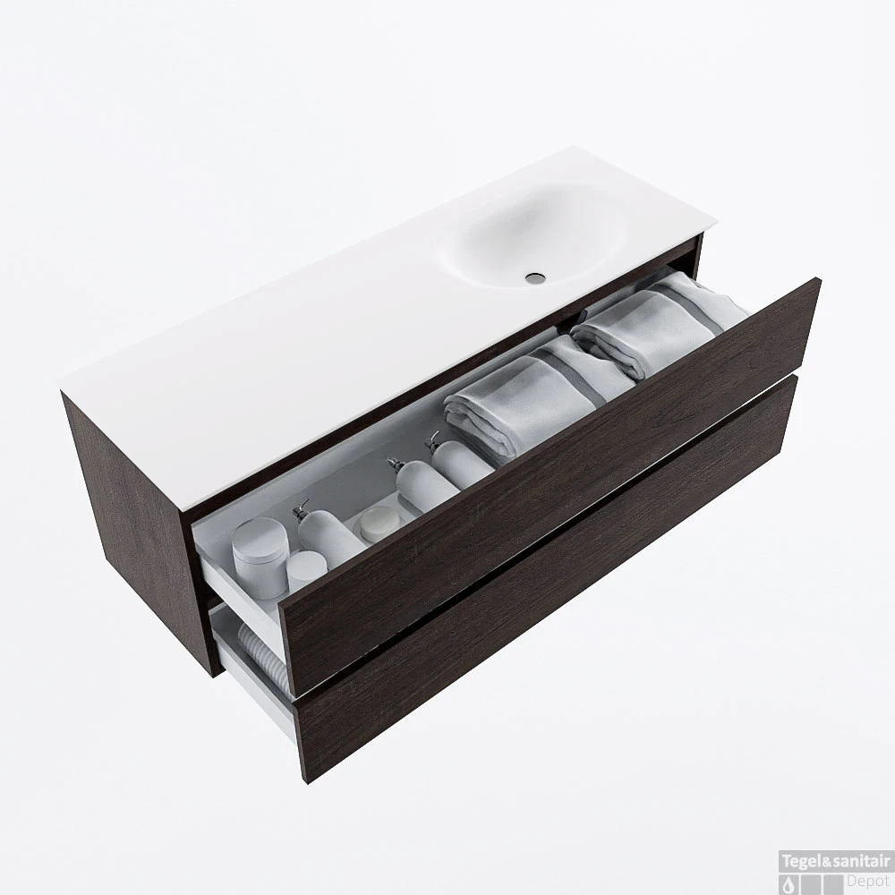 MONDIAZ VICA 140cm Badmeubel Onderkast Dark Brown 2 Lades. Wastafel MOON Rechts 1 Kraangat, Kleur Talc. 2 MONDIAZ VICA 140cm Badmeubel Onderkast Dark Brown 2 Lades. Wastafel MOON Rechts 1 Kraangat, Kleur Talc. - Afbeelding 2