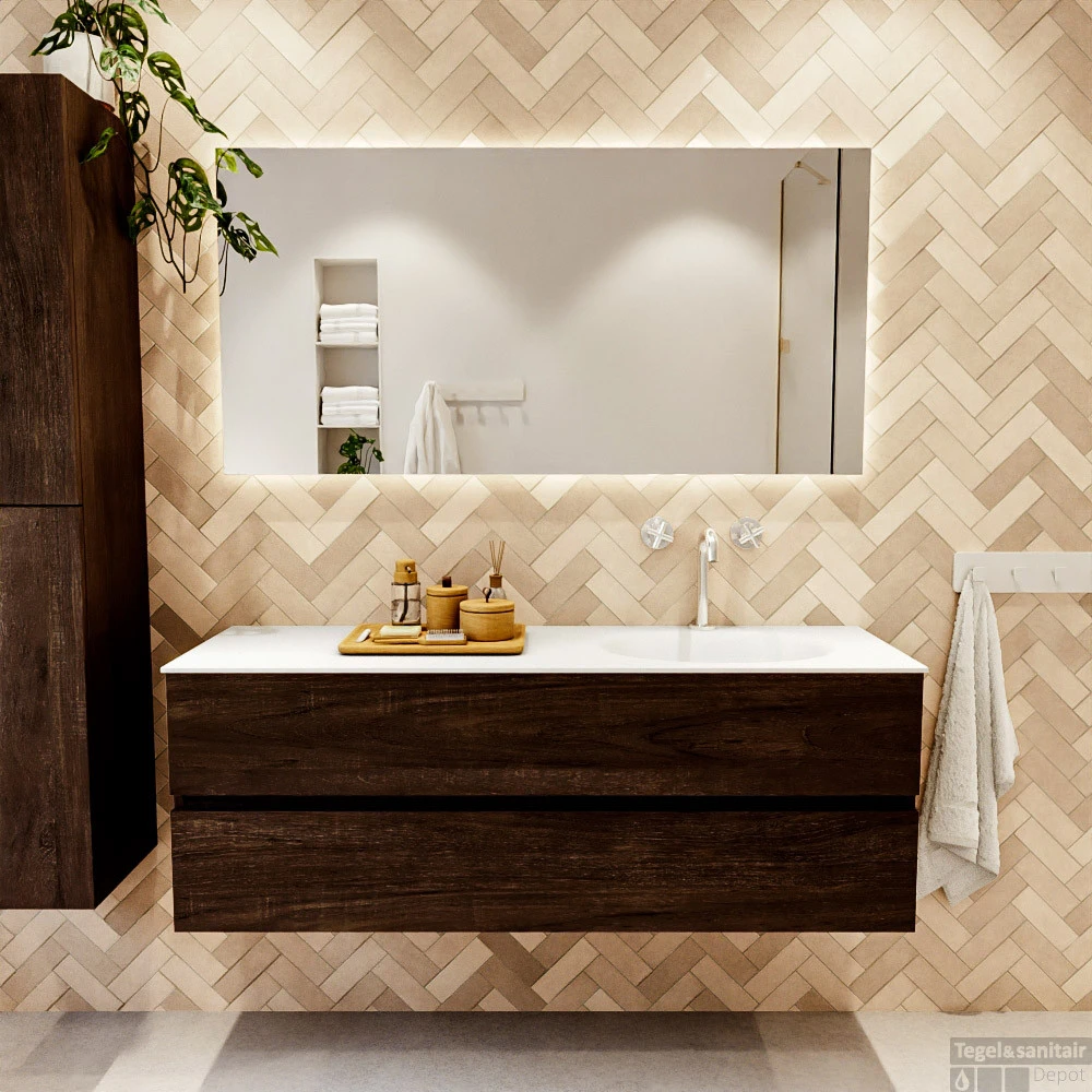 MONDIAZ VICA 140cm Badmeubel Onderkast Dark Brown 2 Lades. Wastafel MOON Rechts 1 Kraangat, Kleur Talc. 5 MONDIAZ VICA 140cm Badmeubel Onderkast Dark Brown 2 Lades. Wastafel MOON Rechts 1 Kraangat, Kleur Talc. - Afbeelding 5