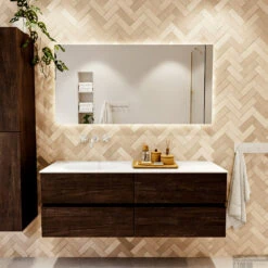 MONDIAZ VICA 140cm Badmeubel Onderkast Dark Brown 4 Lades. Wastafel Moon Links Zonder Kraangat, Kleur Talc Met Spiegel LED. -Duravit Verkoop badkamermeubel vica dark brown moon talc set1 0069