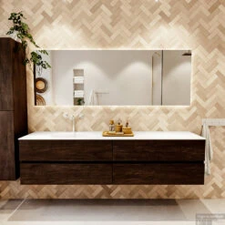 MONDIAZ VICA 200cm Badmeubel Onderkast Dark Brown 4 Lades. Wastafel Moon Links 1 Kraangat, Kleur Talc Met Spiegel LED. -Duravit Verkoop badkamermeubel vica dark brown moon talc set1 0102