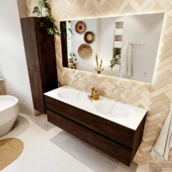 MONDIAZ VICA 140cm Badmeubel Onderkast Dark Brown 2 Lades. Wastafel MOON Dubbel Zonder Kraangat, Kleur Talc. -Duravit Verkoop badkamermeubel vica dark brown moon talc set2 0045