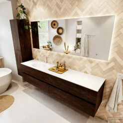 MONDIAZ VICA 200cm Badmeubel Onderkast Dark Brown 4 Lades. Wastafel Moon Links 1 Kraangat, Kleur Talc Met Spiegel LED. -Duravit Verkoop badkamermeubel vica dark brown moon talc set2 0102