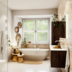 MONDIAZ VICA 140cm Badmeubel Onderkast Dark Brown 4 Lades. Wastafel Moon Links Zonder Kraangat, Kleur Talc Met Spiegel LED. -Duravit Verkoop badkamermeubel vica dark brown moon talc set3 0069