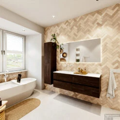 MONDIAZ VICA 140cm Badmeubel Onderkast Dark Brown 4 Lades. Wastafel Moon Links Zonder Kraangat, Kleur Talc Met Spiegel LED. -Duravit Verkoop badkamermeubel vica dark brown moon talc set4 0069