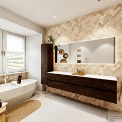 MONDIAZ VICA 200cm Badmeubel Onderkast Dark Brown 4 Lades. Wastafel Moon Links 1 Kraangat, Kleur Talc Met Spiegel LED. -Duravit Verkoop badkamermeubel vica dark brown moon talc set4 0102