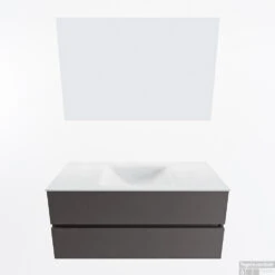 MONDIAZ VICA 110cm Badmeubel Onderkast Dark Grey 2 Lades. Wastafel CLOUD Midden Zonder Kraangat, Kleur Talc Met Spiegel LED. -Duravit Verkoop badkamermeubel vica dark grey cloud talc google11 0019