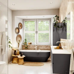 MONDIAZ VICA 200cm Badmeubel Onderkast Dark Grey 4 Lades. Wastafel CLOUD Links Zonder Kraangat, Kleur Talc Met Spiegel LED. -Duravit Verkoop badkamermeubel vica dark grey cloud talc set3 0105