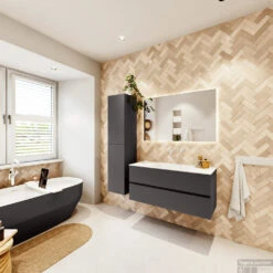 MONDIAZ VICA 110cm Badmeubel Onderkast Dark Grey 2 Lades. Wastafel CLOUD Midden Zonder Kraangat, Kleur Talc Met Spiegel LED. -Duravit Verkoop badkamermeubel vica dark grey cloud talc set4 0019