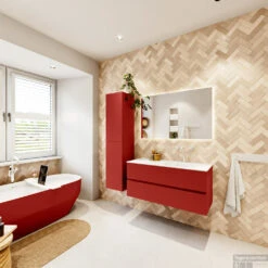 MONDIAZ VICA 110cm Badmeubel Onderkast Fire 2 Lades. Wastafel Moon Rechts 1 Kraangat, Kleur Talc Met Spiegel LED. -Duravit Verkoop badkamermeubel vica fire moon talc set4 0018