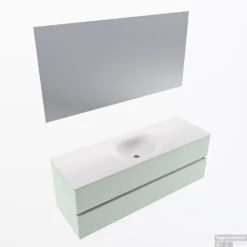 MONDIAZ VICA 140cm Badmeubel Onderkast Greey 2 Lades. Wastafel Moon Midden Zonder Kraangat, Kleur Talc Met Spiegel LED.