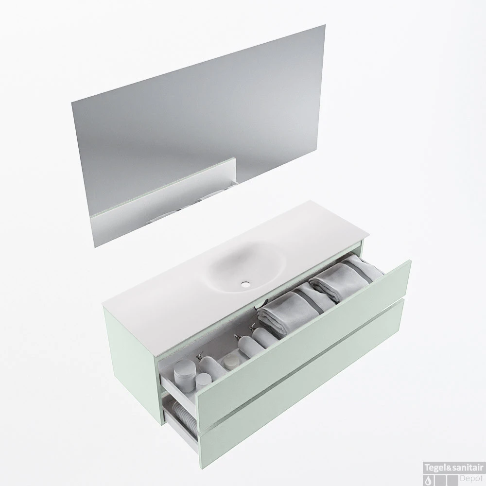 MONDIAZ VICA 140cm Badmeubel Onderkast Greey 2 Lades. Wastafel Moon Midden Zonder Kraangat, Kleur Talc Met Spiegel LED. 2 MONDIAZ VICA 140cm Badmeubel Onderkast Greey 2 Lades. Wastafel Moon Midden Zonder Kraangat, Kleur Talc Met Spiegel LED. - Afbeelding 2