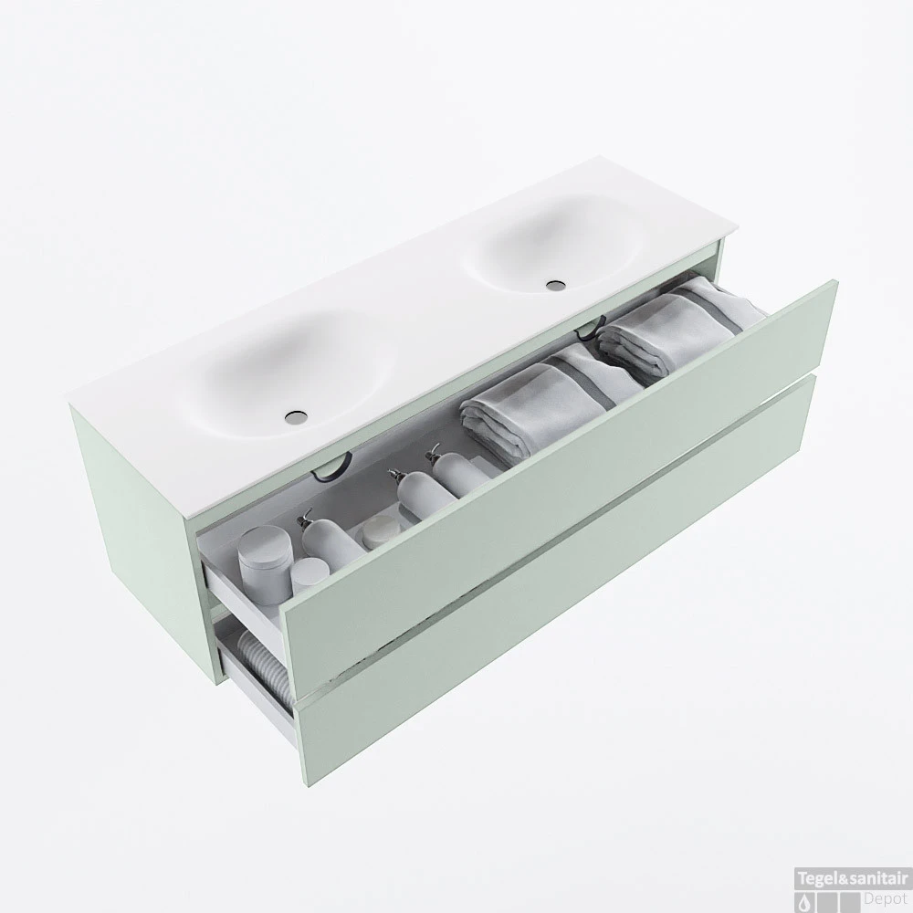 MONDIAZ VICA 150cm Badmeubel Onderkast Greey 2 Lades. Wastafel MOON Dubbel Zonder Kraangat, Kleur Talc. 2 MONDIAZ VICA 150cm Badmeubel Onderkast Greey 2 Lades. Wastafel MOON Dubbel Zonder Kraangat, Kleur Talc. - Afbeelding 2